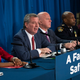 Community organizer Monique Waterman, New York City Mayor Bill de Blasio, New York City Police Commissioner James O’Neill and NYPD Chief of Patrol Rodney Harrison hold a press conference to announce a new policy that they say will reduce unnecessary marijuana arrests on June 19, 2018, in New York City.
